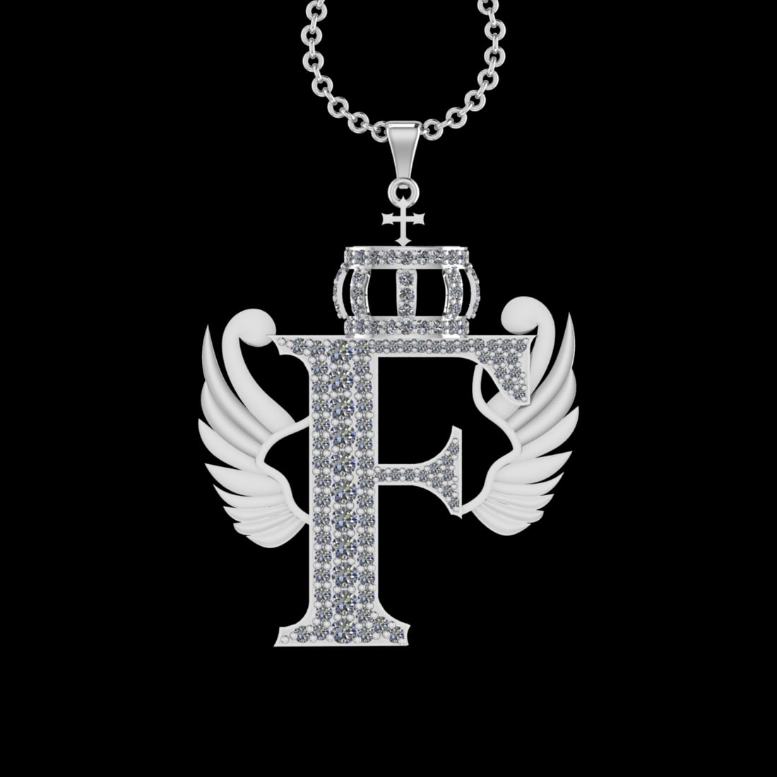 3.86 Ctw VS/SI1 Diamond Prong Set 18K White Gold Letter theme ( F) Necklace: Total Diamond Weight : 3.86 Ctw (Round cut) Center Diamond Color :- G-H Center Clarity : VS/SI1 Stone Setting : Prong Metal Weight : Approx 11.90 Gram 18K White Gold Letter theme ( F) Necklace (ALL