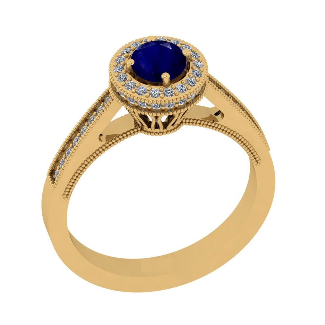 0.82 Ctw VS/SI1 Blue Sapphire And Diamond 14K Yellow Gold Engagement Halo R: Center Stone Weight : 0.50 Ctw (Round Cut) Center Stone Color : Blue Sapphire Stone Setting : Prong Side Stone Weight Of Ctw 0.32 Ctw Side Stone Color : J-K Stone Clarity : VS/SI1 Stone Setting : Pron