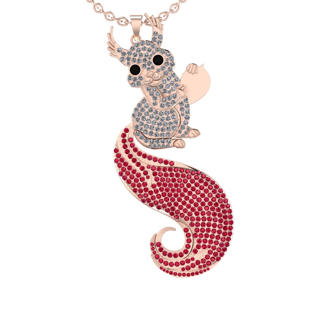 13.15 Ctw VS/SI1 Ruby and Diamond 14K Rose Gold Hip Hop theme Necklace (ALL: Eye Stone Weight :- 0.50 ctw Eye Stone Color :-Treated Fancy black diamond Color Stone Weight :-8.38 Ctw ( Round cut) Stone Color :-Ruby Stone Setting : Prong Side Diamond Weight Of Ctw 4.27 Ctw Color