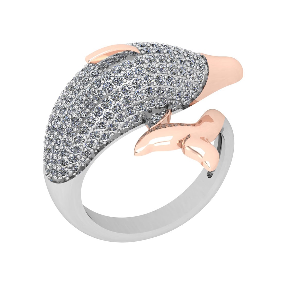 1.76 Ctw SI2/SI1 Diamond Style Prong Set 18K White & Rose Gold two tone Dol: Total Diamond Weight : 1.76 Ctw Center Stone Color :- G-H Center Stone Clarity : SI2/SI1 Stone Setting : Prong Metal Weight : Approx 6.90 Gram 18K White & Rose Gold two tone Dolphin Ring Current Ring 