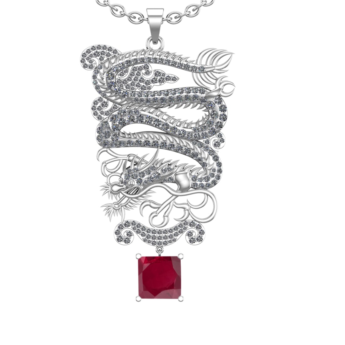6.40 Ctw VS/SI1 Ruby and Diamond Prong Set 14K White Gold Pendant (ALL DIAM: Center Stone Weight : 2.50 Ctw (Princess Cut) Center Stone Color : Ruby Setting : Prong Side Weight Of Ctw 3.90 Ctw Color : J-K Clarity : VS/SI1 Stone Setting : Prong Metal Weight : Approx 37.10 gram 