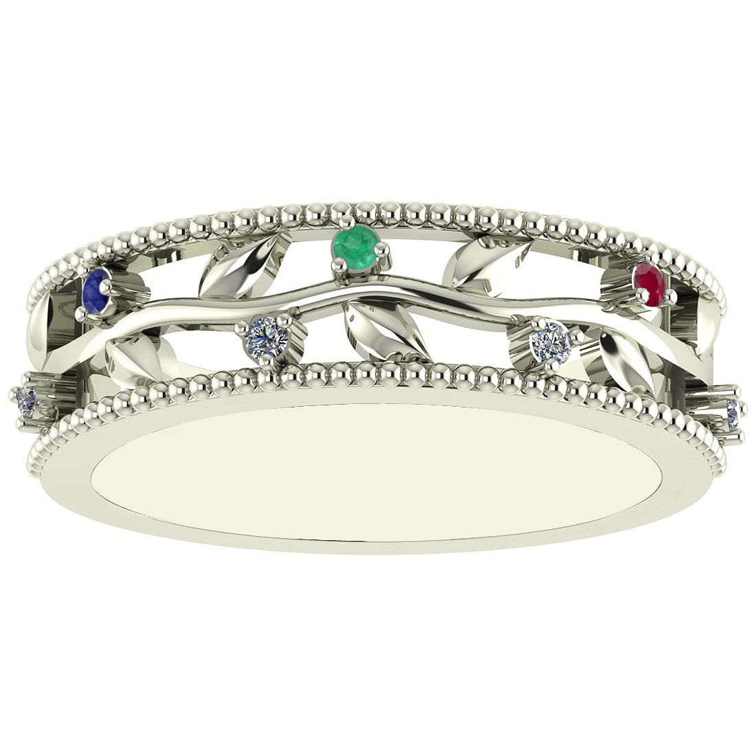 0.07 Ctw SI2/I1 Multi Ruby,Emerlad,Sapphire And Diamond 14K White Gold Fili: Multi Weight : 0.03 Ctw ( Round Cut ) Multi Color :- Ruby,Emerlad,Sapphire Stone Setting : Prong Side Stone Weight Of Ctw 0.04 Ctw Side Stone Color : J-K Stone Clarity : SI2/I1 Stone Setting : Prong M