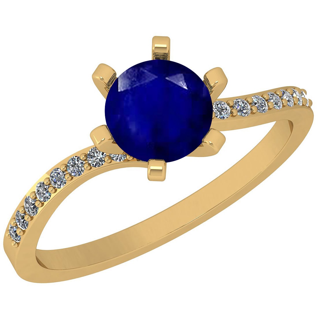 1.20 Ctw SI2/I1 Blue Sapphire And Diamond 14K Yellow Gold Ring: Center Stone Weight : 1.00 Ctw (Round cut) Center Stone Color :-Blue Sapphire Stone Setting : Prong Side Stone Weight Of Ctw 0.20 Ctw Side Stone Color : J-K Stone Clarity : SI2/I1 Stone Setting : Pron