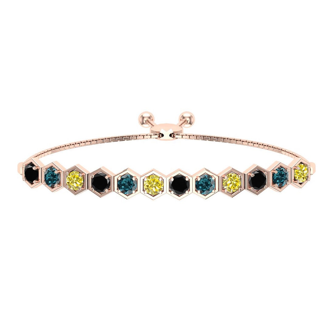 1.23 Ctw I2/I3 Multi Diamond14K Rose Gold Slide Bracelet: Center Diamond Weight : 1.23 Ctw (Round Cut) Center Diamond Color :- Treated Fancy Blue black yellow diamond Center Clarity : I2/I3 Stone Setting : Prong Metal Weight : Approx 6.70 Gram 14K Rose Gold 