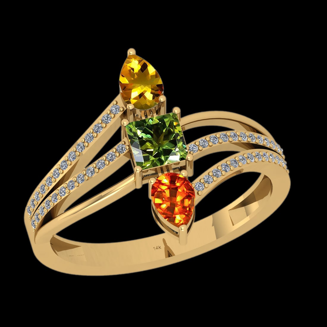 0.92 Ctw SI2/I1 Multi Sapphire And Diamond 14K Yellow Gold Ring: Multi Stone Weight : 0.67 Ctw (Princess & Pear cut) Multi Stone Color : Yellow,Green,Orange Sapphire Stone Setting : Prong Side Stone Weight Of Ctw 0.25 Ctw Side Stone Color : J-K Stone Clarity : SI2/