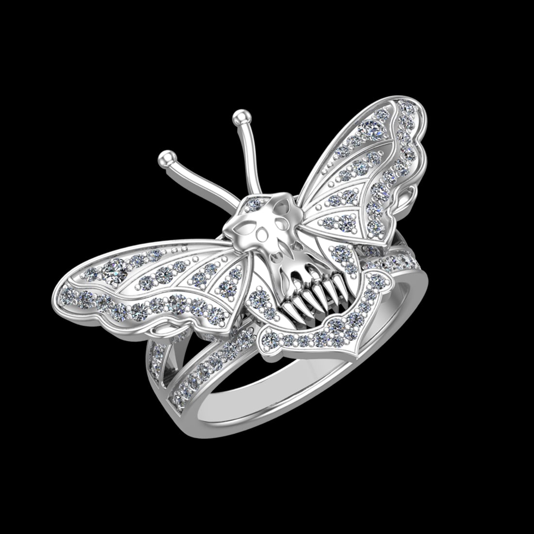 0.86 Ctw VS/SI1 Diamond Prong Set 18K white Gold Creature theme Ring: Total Daimond Weight :-0.86 Ctw Color : G-H Clarity : VS/SI1 Setting : Prong Metal Weight : Approx 11.92 gram 18K White Gold Creature theme Ring Current Ring Size 8 (ALL DIAMOND ARE LAB GROWN )