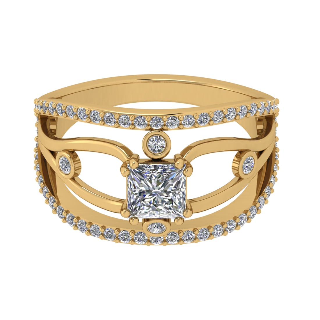 1.27 Ctw VS/SI1 Diamond Prong Set 14k Yellow Gold Engagement Ring: Center Daimond Weight :-0.75 Ctw ( Princess Cut) Color : G-H Clarity : VS/SI1 Side Diamond Weight Of Ctw 0.52 Ctw Color : G-H Clarity : VS/SI1 Daimond Setting : Prong Metal Weight : Approx 4.91 gram 1