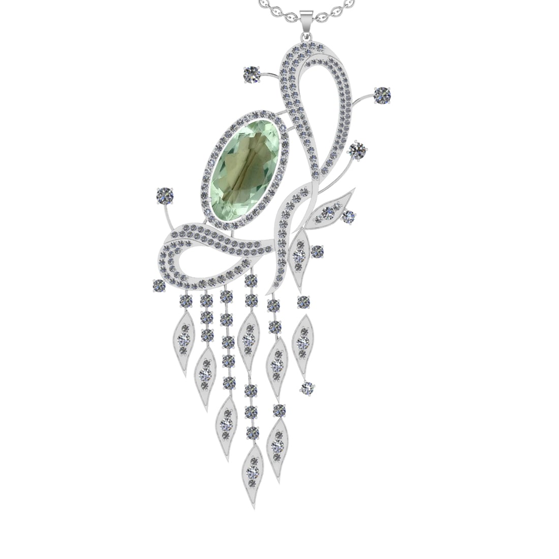22.71 Ctw I2/I3 Green Amethyst And Diamond 10K White Gold Necklace(ALL DIAM: Center Stone Weight : 15.22 Ctw ( Oval Cut ) Center Stone Color : Green Amethyst Stone Setting : Prong Side Diamond Weight Of Ctw 7.49 Ctw Side Stone Color : J-K Stone Clarity : I2/I3 Stone Setting : 