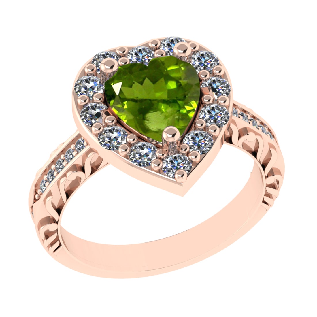2.52 Ctw VS/SI1 Peridot And Diamond 14K Rose Gold Engagement Ring( ALL DIAM: Center Stone Weight : 1.50 Ctw ( Heart Cut ) Center Stone Color : Peridot Stone Setting : Prong Side Diamond Weight Of Ctw 1.02 Ctw Side Stone Color : J-K Stone Clarity : VS/SI1 Stone Setting : Prong 