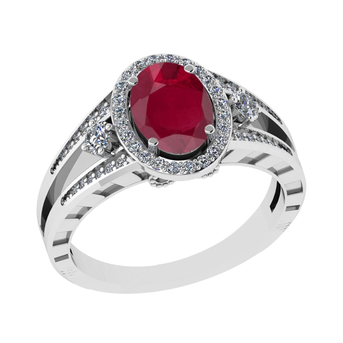 1.61 Ctw VS/SI1 Ruby and Diamond 14k White Gold Engagement Halo Ring (LAB G: Center Stone Weight :- 1.25 Ctw ( Oval Cut) Color :- Ruby Center Stone Setting : Prong Side Diamond Weight Of Ctw 0.36 Ctw Color : G-H Clarity : VS/SI1 Stone Setting : Prong Metal Weight : Approx 4.50