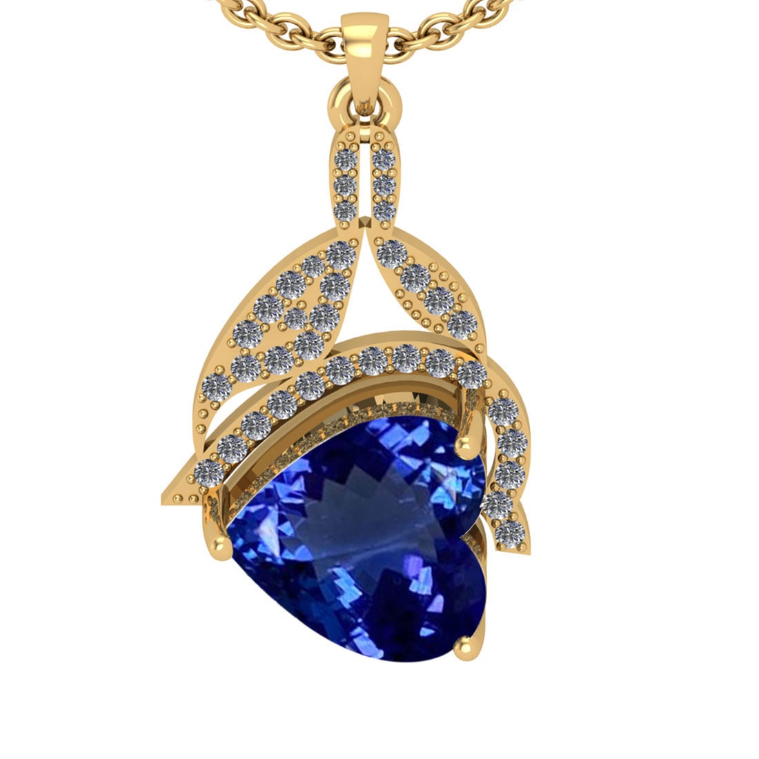5.60 Ctw VS/SI1 Tanzanite And Diamond 18k Yellow Gold Necklace(ALL DIAMOND: Center Stone Weight : 5.28 Ctw (Heart Cut ) Center Stone Color : Tanzanite Stone Setting : Prong Side Stone Weight Of Ctw 0.32 Ctw Side Stone Color : J-K Stone Clarity : VS/SI1 Stone Setting : Prong