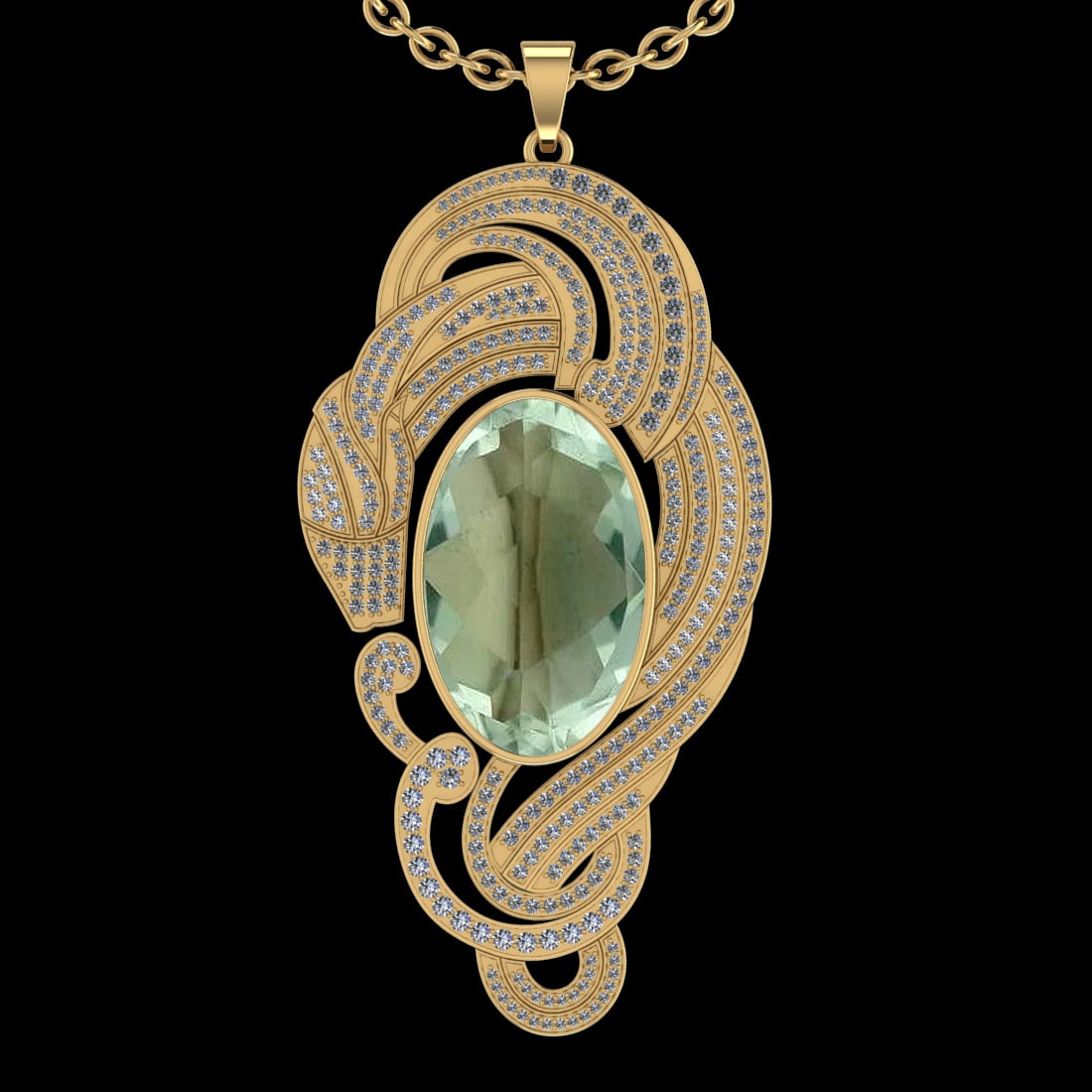 60.60 Ctw VS/SI1 Green Amethyst And Diamond 14k Yellow Gold Pendant Neklace: Center Stone Weight : 56.30 Ctw ( Oval Cut ) Center Stone Color : Green Amethyst Stone Setting : Prong Side Diamond Weight Of Ctw 4.30 Ctw Side Stone Color : J-K Stone Clarity : VS/SI1 Stone Setting :