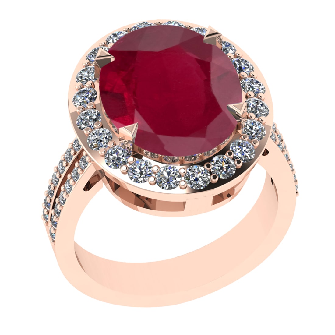 5.55 Ctw VS/SI1 Ruby And Diamond 14K Rose Gold Engagement Ring: Center Stone Weight : 5.10 Ctw ( Oval Cut ) Center Stone Color : Ruby Stone Setting : Prong Side Diamond Weight Of Ctw0.45 Ctw Side Stone Color : G-H Stone Clarity : VS/SI1 Stone Setting : Prong Metal