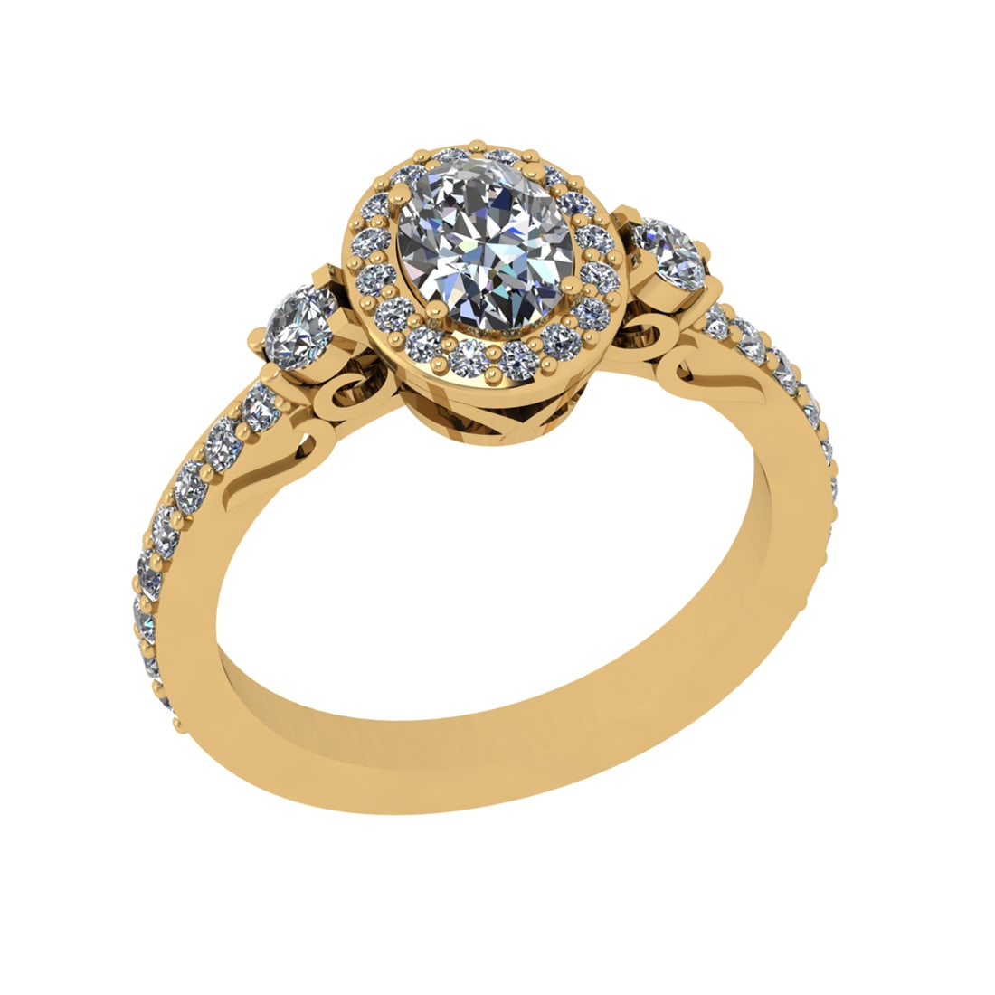 1.35 Ctw SI1/SI2 Diamond Prong Set 14k Yellow Gold Engagement Halo Ring: Center Daimond Weight :-0.75 Ctw ( Oval Cut) Color : G-H Clarity : SI1/SI2 Side Diamond Weight Of Ctw 0.60 Ctw Color : G-H Clarity : SI1/SI2 Daimond Setting : Prong Metal Weight : Approx 4.33 gram 14k