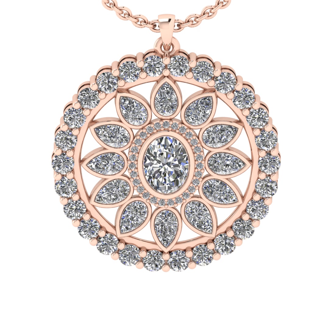 6.85 Ctw SI2/I1 Diamond 14K Rose Gold Pendant Necklace: Center Diamond Weight :-: 4.25 Ctw ( Oval & Pear Cut) Color :- J-K Clarity : SI2/I1 Center Stone Setting : Prong Side Diamond Weight Of Ctw 2.60 Ctw Color : J-K Clarity : SI2/I1 Stone Setting : Prong 