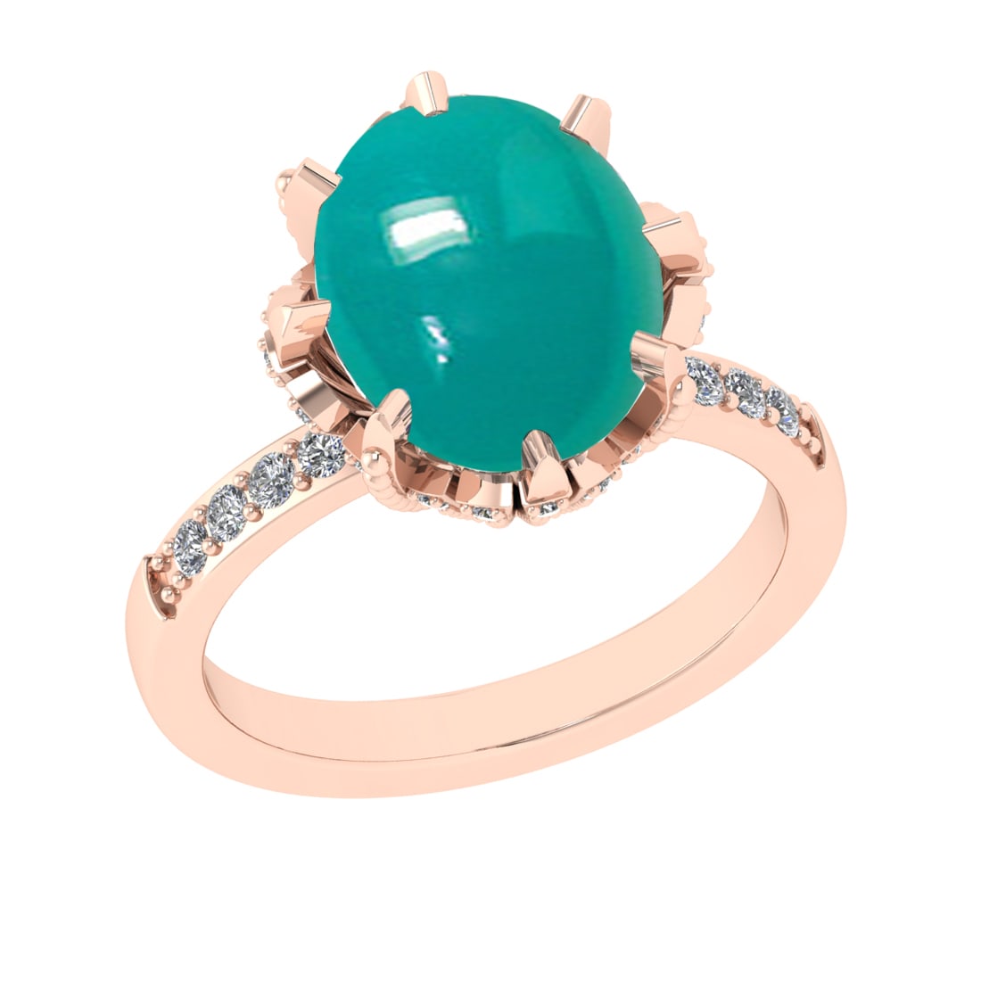 5.63 Ctw VS/SI1 Emerald and Diamond 14K Rose Gold Engagement Ring: Color Stone Weight : 5.38 Ctw (Round Cab) Stone Color :- Emerald Center Stone Setting : Prong Side Weight Of Ctw 0.25 Ctw Color : J-K Clarity : VS/SI1 Stone Setting : Prong Metal Weight : Approx 4.95 