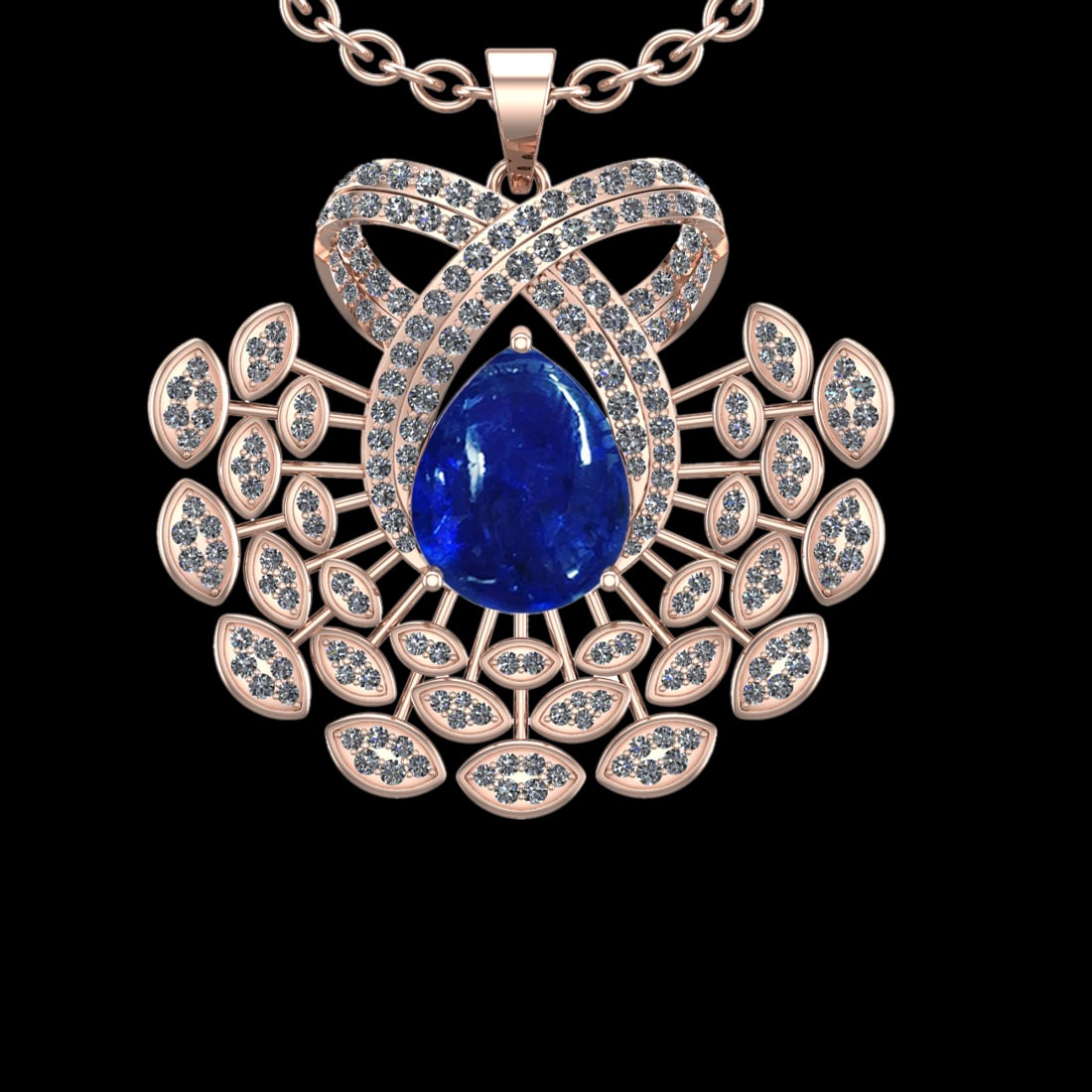 25.18 Ctw VS/SI1 Tanzanite and Diamond Prong Set 14K Rose Gold Pendant Neck: Center Stone Weight : 20.25 Ctw ( Pear Cab) Center Stone Color :-Tanzanite Setting : Prong Side Weight Of Ctw 4.93 Ctw Color : J-K Clarity : VS/SI1 Stone Setting : Prong Metal Weight : Approx 22.80 gr