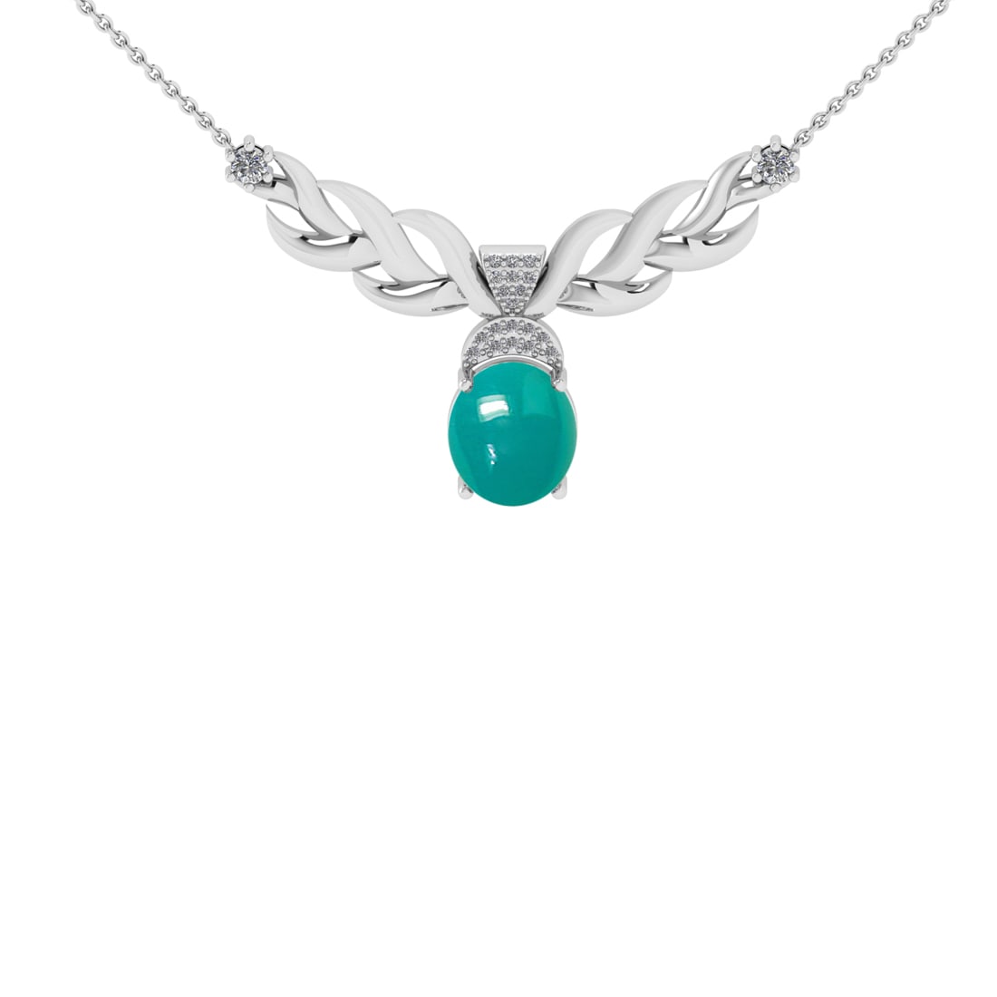 3.46 Ctw VS/SI1 Emerald and Diamond 14K White Gold Pendant Necklace: Color Stone Weight : 3.23 Ctw (Oval Cab) Stone Color :- Emerald Center Stone Setting : Prong Side Weight Of Ctw 0.23 Ctw Color : J-K Clarity : VS/SI1 Stone Setting : Prong Metal Weight : Approx 5.20 g
