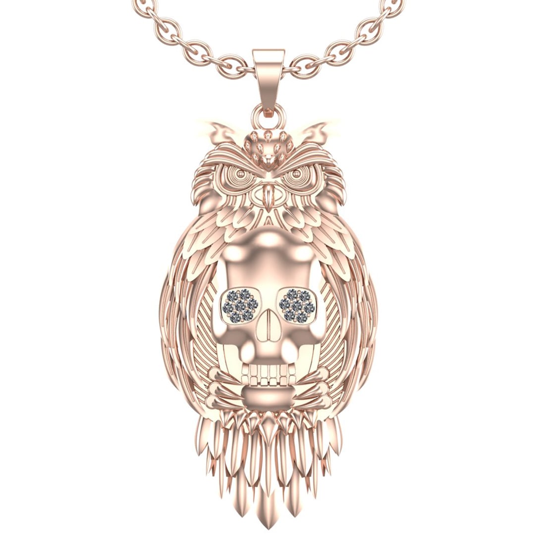 0.16 Ctw SI2/I1 Diamond 14K Rose Gold skull owl pendant Necklace: Total Diamond Weight : 0.16 Ctw (Round Cut) Color : J-K Setting : Prong Stone Clarity :SI2/I1 Metal Weight : Approx 39.50 Gram 14K Rose Gold skull owl pendant Necklace Width 28.2 mm Length :-51.5 mm #