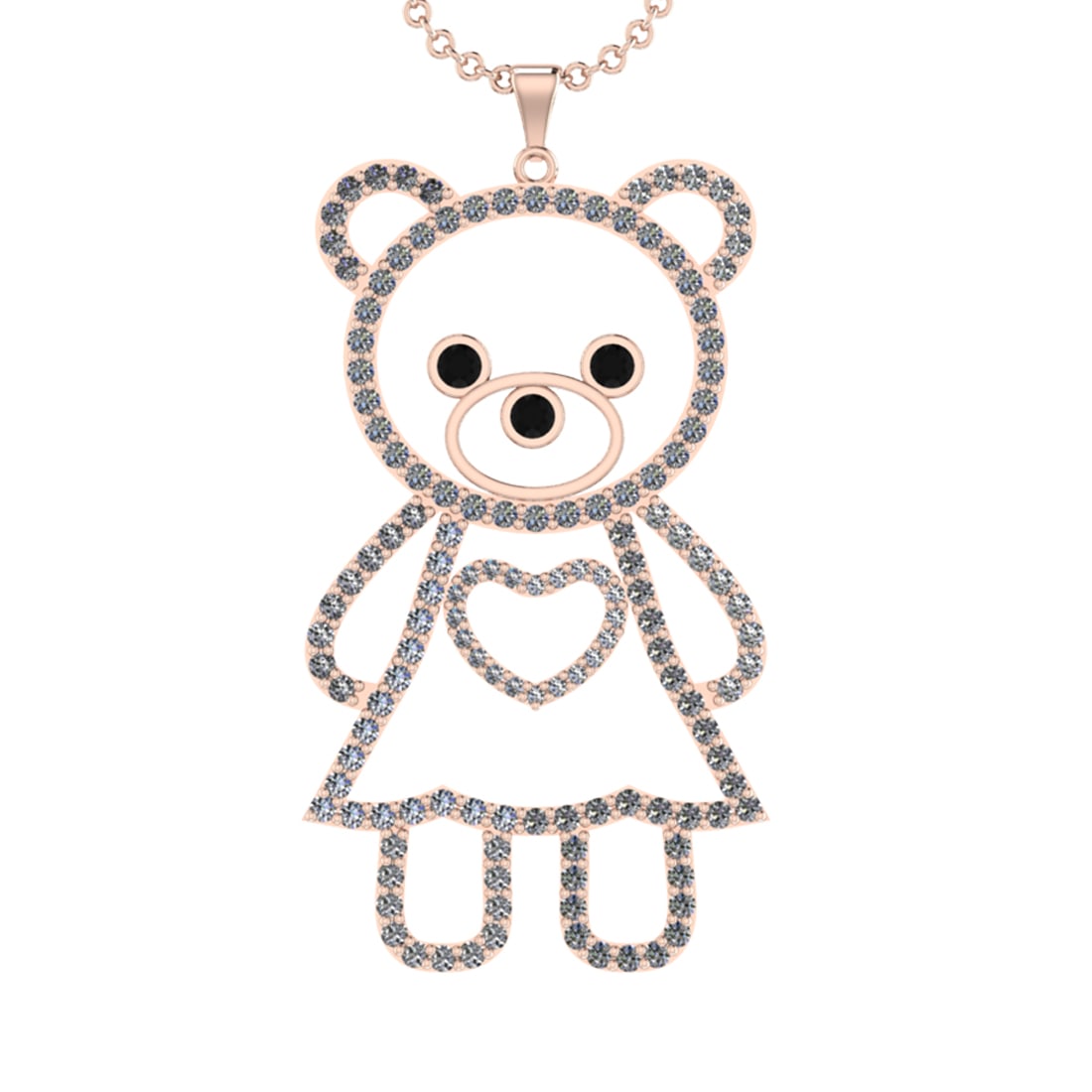 3.56 Ctw SI2/I1 Treted Fancy Black Diamond Prong Set 14K Rose Gold Teddy Pe: Eye Diamond Weight :- 0.30 ctw Eye Diamond Color :- Treted Fancy Black Diamond Setting :- Prong Side Stone Weight Of Ctw 3.26 Ctw Side Stone Color : J-K Stone Clarity : SI2/I1 Stone Setting : Prong Me