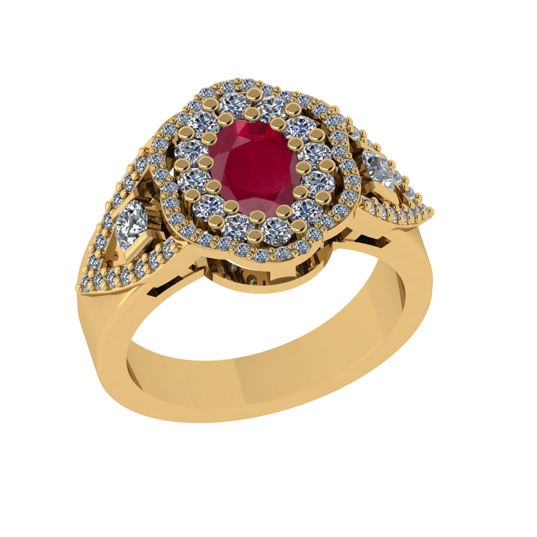 1.73 Ctw VS/SI1 Ruby and Diamond14K Yellow Gold Engagement Ring: Center Stone Weight : 0.75 Ctw (Oval Cut) Center Stone Color :-Ruby Center Stone Setting : Prong Side Diamond Weight Of Ctw 0.98 Ctw Color : J-K Clarity : VS/SI1 Stone Setting : Prong Metal Weight :