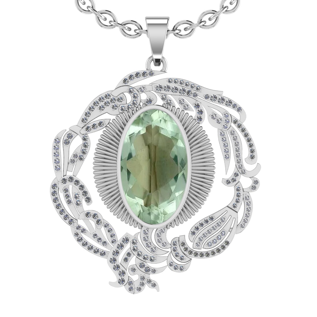 22.03 Ctw I2/I3 Green Amethyst And Diamond 10K White Gold Necklace(ALL DIAM: Center Stone Weight : 20.68 Ctw ( Oval Cut ) Center Stone Color : Green Amethyst Stone Setting : Prong Side Diamond Weight Of Ctw 1.35 Ctw Side Stone Color : J-K Stone Clarity : I2/I3 Stone Setting : 