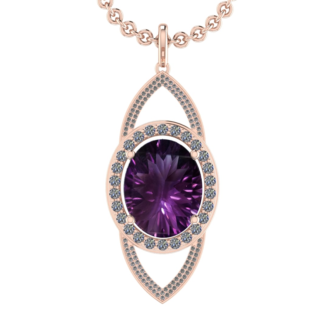 22.50 Ctw VS/SI1 Amethyst and Diamond 14K Rose Gold Pendant: Center Stone Weight : 20.84 Ctw ( Oval Cut) Center Stone Color :-Amethyst Setting : Prong Side Weight Of Ctw 1.66 Ctw Color : J-K Clarity : VS/SI1 Stone Setting : Prong Metal Weight : Approx 11.90