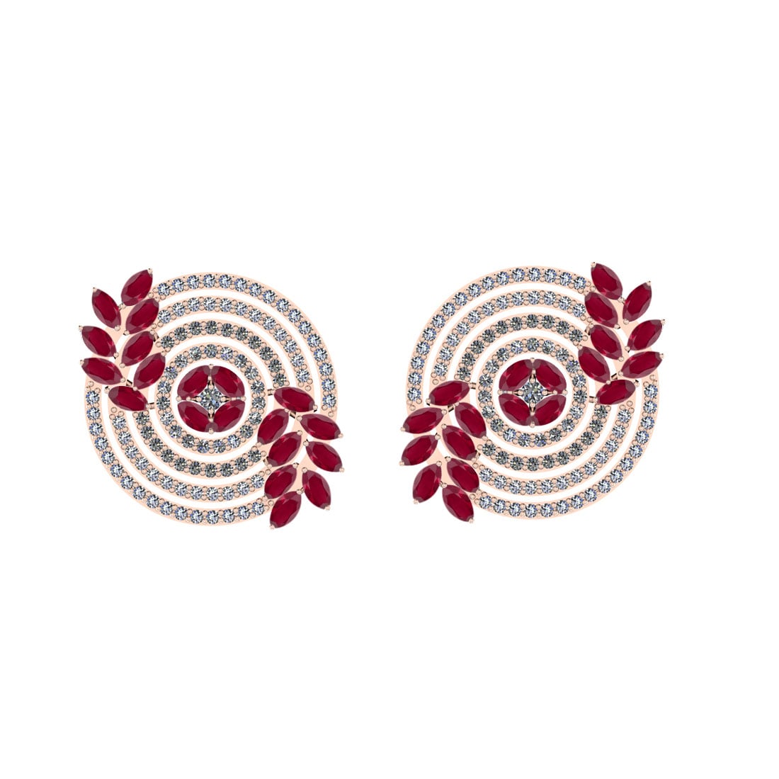 5.60 Ctw SI2/I1 Ruby And Diamond 14K Rose Gold Earrings: Center Stone Weight : 4.00 Ctw ( Marquise Cut ) Center Stone Color : Ruby Center Stone Setting : Prong Side Stone Weight Of Ctw 1.60 Ctw Side Stone Color : White J-K Diamond Stone Clarity : SI2/I1 Sto