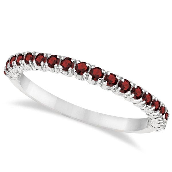 Half-Eternity Pave-Set Thin Garnet Stacking Ring 14k White Gold 0.65ctw: CENTER STONE; Garnet CENTER STONE CLARITY; CENTER STONE COLOR; Red CENTER STONE SETTING; Pave SIDE STONE CLARITY; SIDE STONE COLOR; SIDE STONE SETTING; ctw OF SIDE STONE: SIDE STONE QUALITY;