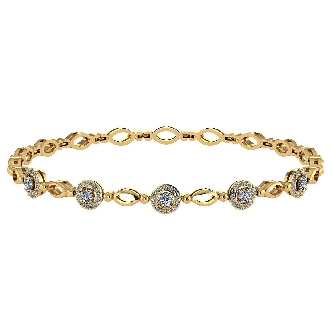 Certified 0.85 Ctw Diamond VS/SI1 Bracelet 14K Yellow Gold Made In USA: Center Stone Weight Approx ; 0.50 Ctw (5 Pcs Round) Side Stone Weight: 0.35 Ctw (70 Pcs Round Cut Diamond) Diamond Stone Color: White G-H Diamond Stone Clarity: VS/SI1 Stone Setting: Prong Metal