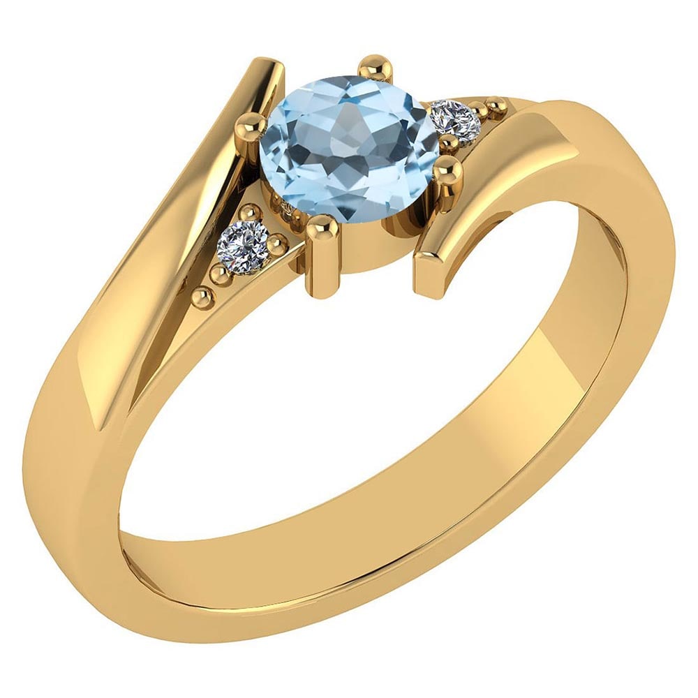 Certified 0.48 Ctw Aquamarine And Diamond 14k Yellow Gold Ring: Center Stone Weight ; 0.45 Ctw (1 Pcs Round) Center Stone Color: Aquamarine Center Stone Setting ; Prong Side Stone (1.6 mm 2Pcs Round Diamond) 0.03 ctw Side Stone Color: White G-H Diamond Side Stone 