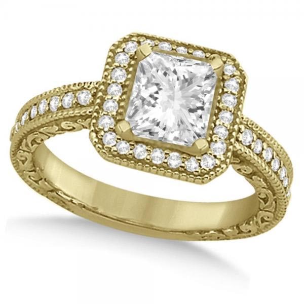 Milgrain Halo Princess Diamond Engagement Ring 14k Yellow Gold 2.00ctw: CENTER STONE; Diamond (1.00 CTW) CENTER STONE CLARITY; SI1-SI2 CENTER STONE COLOR; J-K CENTER STONE SETTING; Prong SIDE STONE CLARITY; SI1-SI2 SIDE STONE COLOR; J-K SIDE STONE SETTING; Pave ctw OF SID