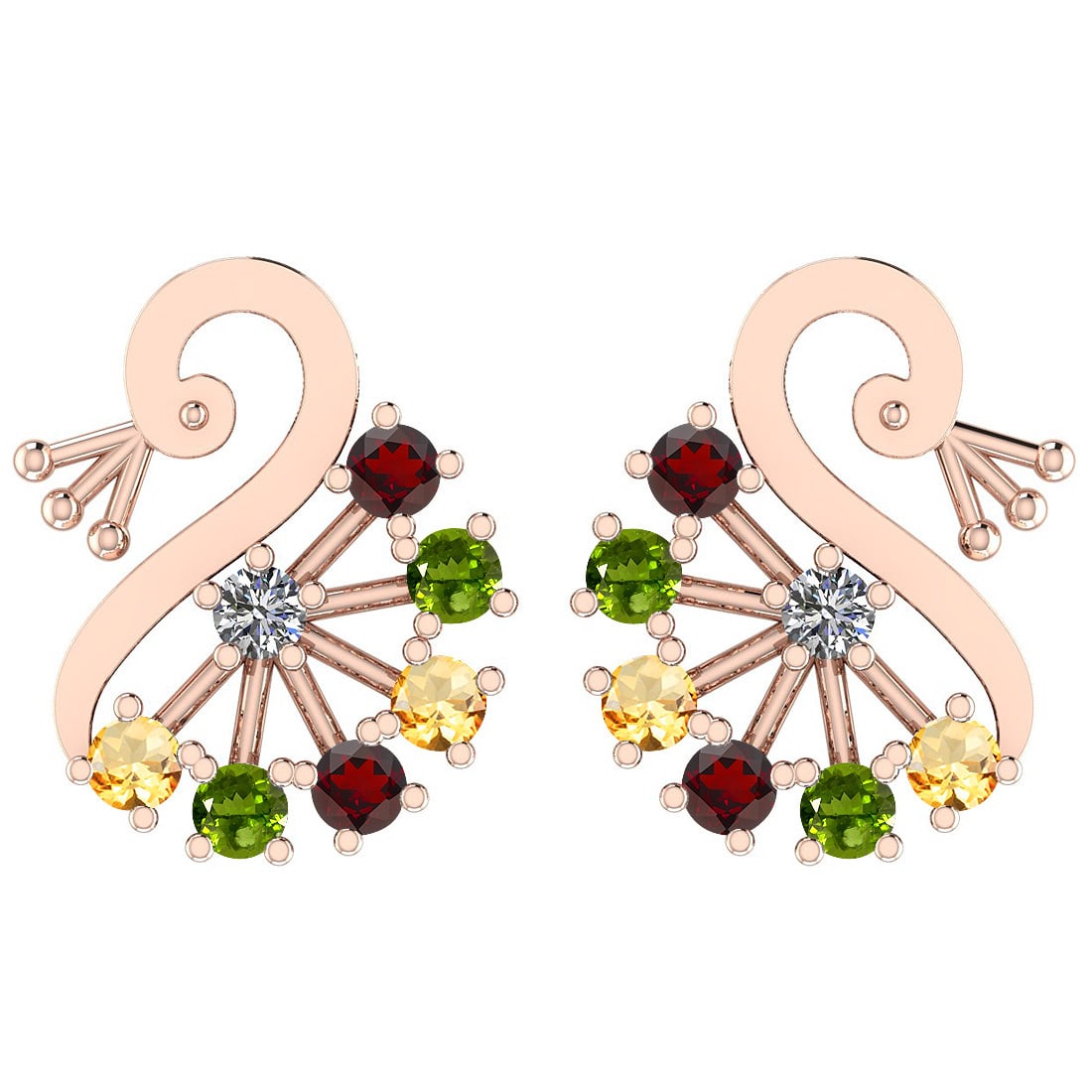 Certified 0.95 Ctw Garnet, Peridot, Citrine And Diamond I1/I2 14K Rose Gold: Multi Stone Approx Weight: 0.82 Ctw (12 Round) Multi Stone Color: Garnet, Peridot, Citrine Center Stone Setting: Prong Side Stone Approx Weight: 0.13 Ctw Side Stone Color: J-K Stone Clarity: I1/I2 Sto