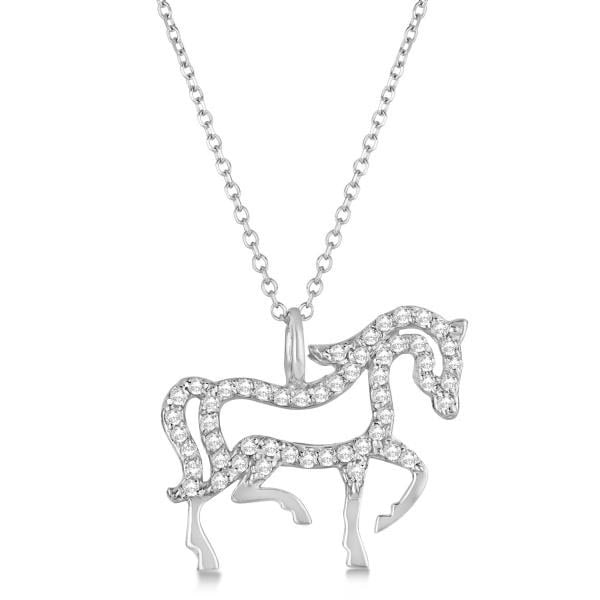 Diamond Galloping Horse Pendant Necklace 4k White Gold 0.50ctw: CENTER STONE; Diamond CENTER STONE CLARITY; SI1-SI2 CENTER STONE COLOR; J-K CENTER STONE SETTING; Pave SIDE STONE CLARITY; SIDE STONE COLOR; SIDE STONE SETTING; ctw OF SIDE STONE: SIDE STONE QUALITY;
