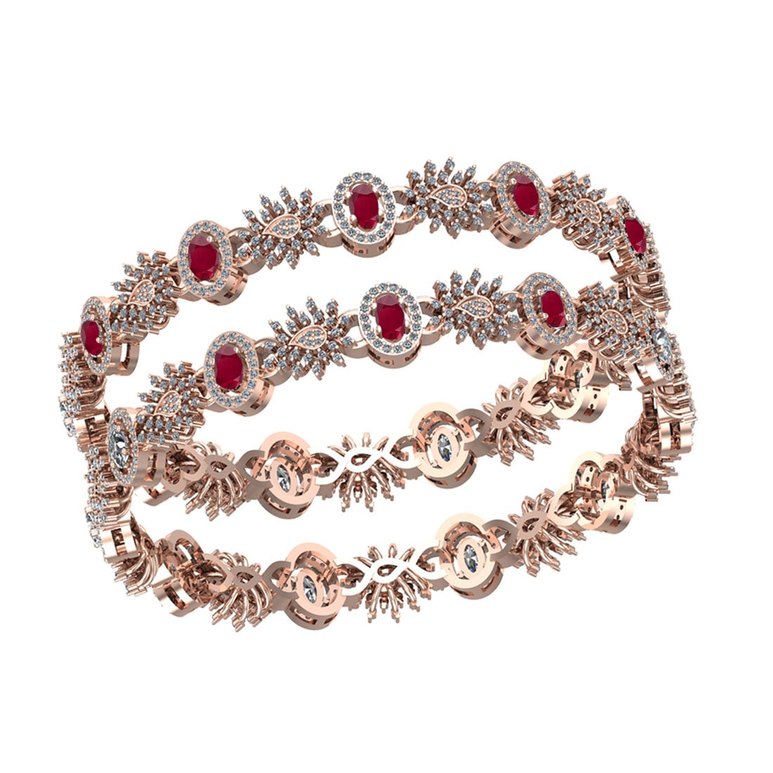 10.28 Ctw SI2/I1 Ruby And Diamond 14K Rose Gold Bangle: Center Stone Weight : 5.50 Ctw ( Oval Cut ) Center Stone Color : Ruby Center Stone Setting : Prong Side Stone Weight Of Ctw 4.78 Ctw Side Stone Color : White J-K Diamond Stone Clarity : SI2/I1 Stone S