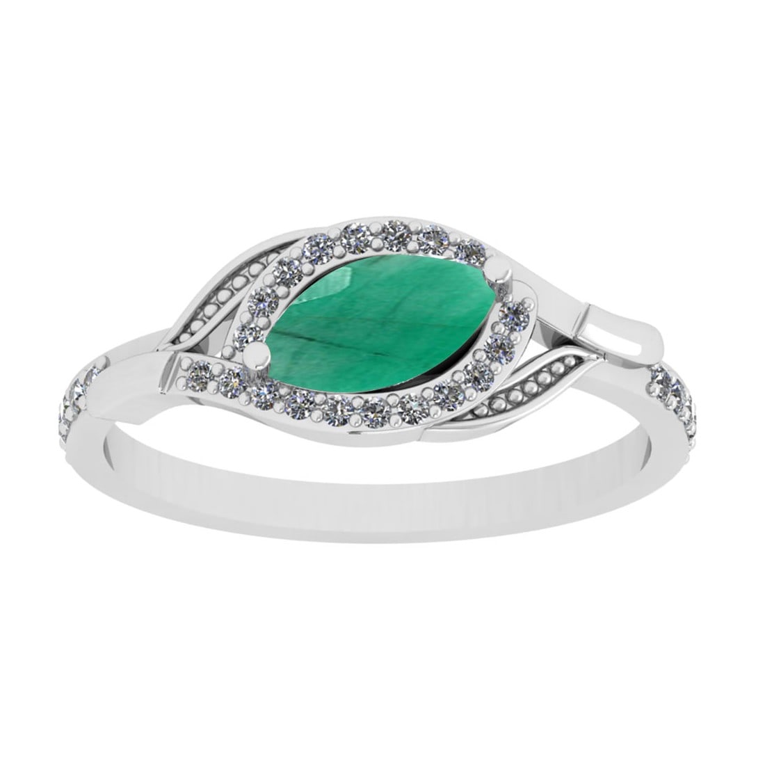 0.57 Ctw VS/SI1 Emerald And Diamond 14K White Gold Engagement Ring: Center Stone Weight : 0.50 Ctw (Marquise Cut) Center Stone Color : Emerald Stone Setting : Prong Side Stone Weight Of Ctw 0.17 Ctw Side Stone Color : J-K Stone Clarity : VS/SI1 Stone Setting : Prong M
