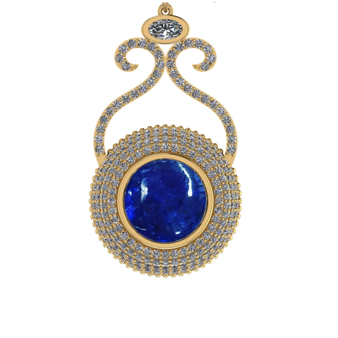 10.51 Ctw SI1/SI2 Tanzanite and Diamond 14k Yellow Gold Pandant (ALL DIAMON: Center Stone Weight :-8.50 Ctw ( Round Cab) Center Stone Color :-Tanzanite Center Stone Setting : Prong Side Diamond Weight Of Ctw 2.01 Ctw Color : J-K Clarity : SI1/SI2 Stone Setting : Prong Metal