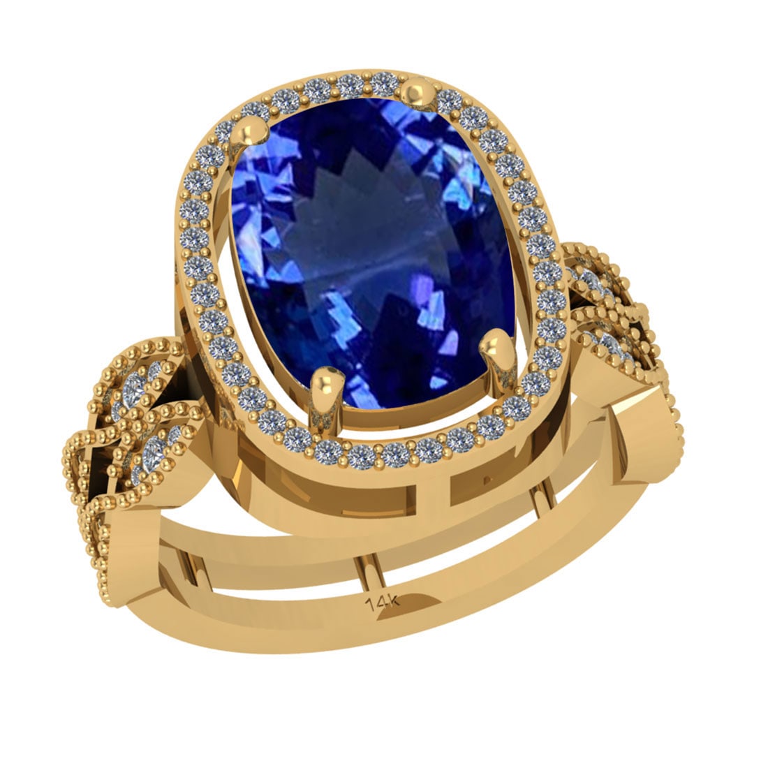 5.03 Ctw VS/SI1 Tanzanite And Diamond 18k Yellow Gold Cocktail Ring: Center Stone Weight : 4.72 Ctw (Cushion Cut ) Center Stone Color : Tanzanite Stone Setting : Prong Side Stone Weight Of Ctw 0.31 Ctw Side Stone Color : J-K Stone Clarity : VS/SI1 Stone Setting : Prong