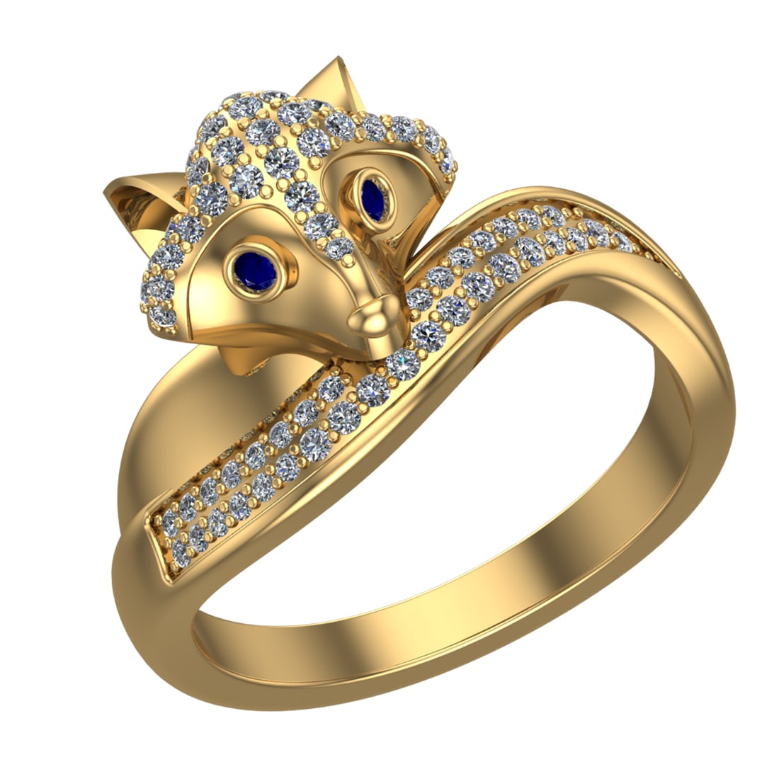 0.52 Ctw VS/SI1 Blue Sapphire and Diamond 14k Yellow Gold Animal theme Fox: Center Stone Weight :-0.03 Ctw ( Round Cut) Center Stone Color :-Blue Sapphire Center Stone Setting : Prong Side Diamond Weight Of Ctw :- 0.49 Ctw Color : J-K Clarity : VS/SI1 Daimond Setting : Prong 