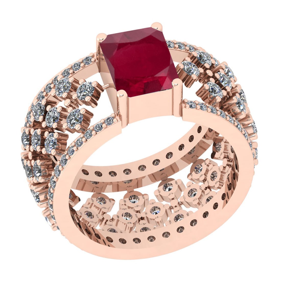 1.22 Ctw VS/SI1 Ruby And Diamond 14K Rose Gold Engagement Halo Ring: Center Stone Weight : 0.50 Ctw (Emerald Cut) Center Stone Color : Ruby Stone Setting : Prong Side Stone Weight Of Ctw 0.72 Ctw Side Stone Color : J-K Stone Clarity : VS/SI1 Stone Setting : Prong