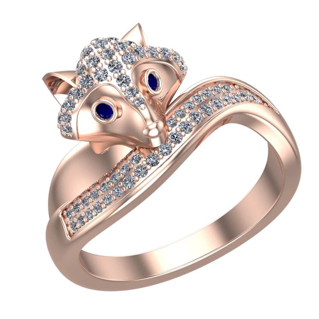 0.52 Ctw VS/SI1 Blue Sapphire and Diamond 14k Rose Gold Animal theme Fox Ri: Center Stone Weight :-0.03 Ctw ( Round Cut) Center Stone Color :-Blue Sapphire Center Stone Setting : Prong Side Diamond Weight Of Ctw :- 0.49 Ctw Color : J-K Clarity : VS/SI1 Daimond Setting : Prong 