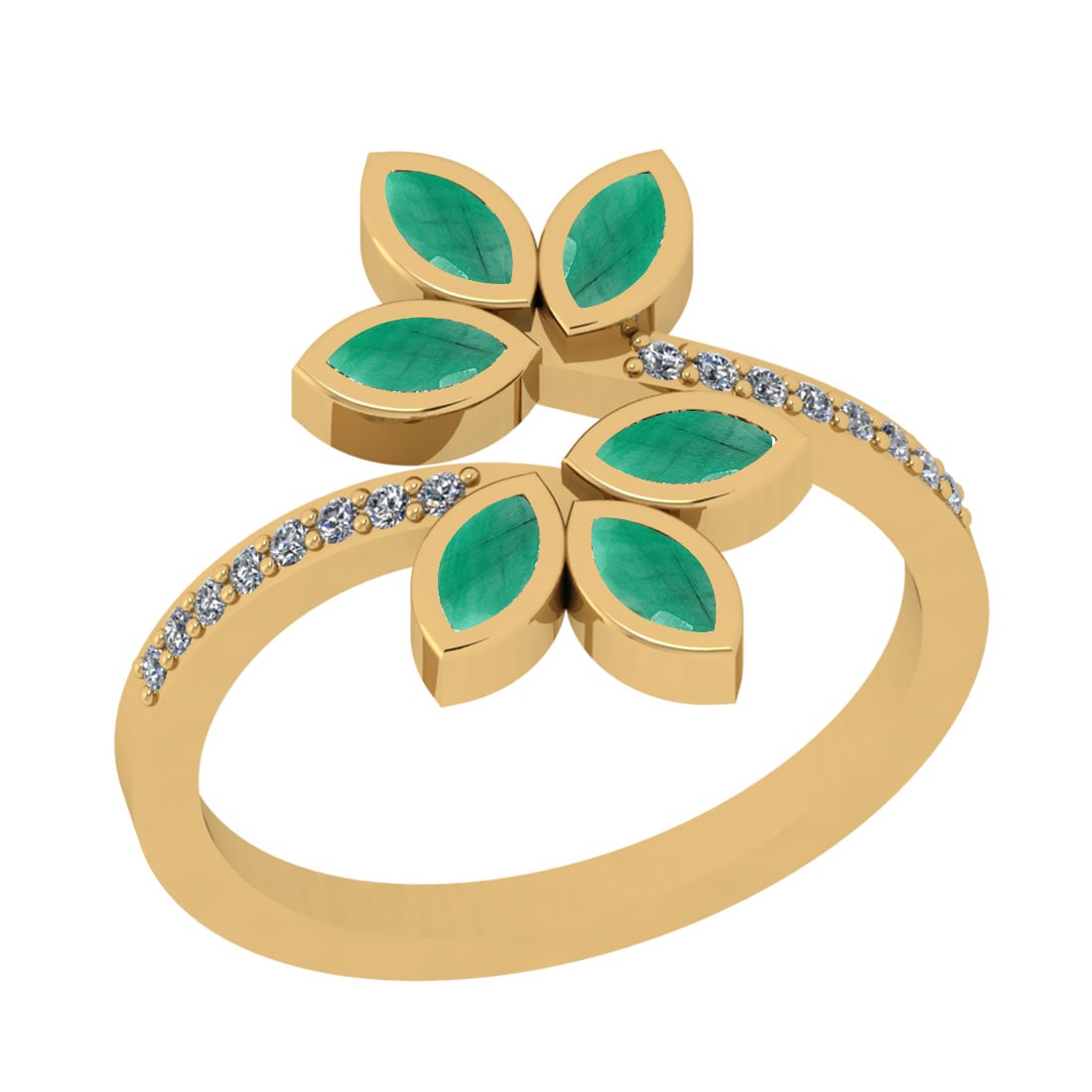 0.72 Ctw VS/SI1 Emerald And Diamond 14K Yellow Gold Bypass Ring: Center Stone Weight : 0.60 Ctw (Marquise Cut) Center Stone Color : Emerald Stone Setting : Prong Side Stone Weight Of Ctw 0.12 Ctw Side Stone Color : J-K Stone Clarity : VS/SI1 Stone Setting : Prong M