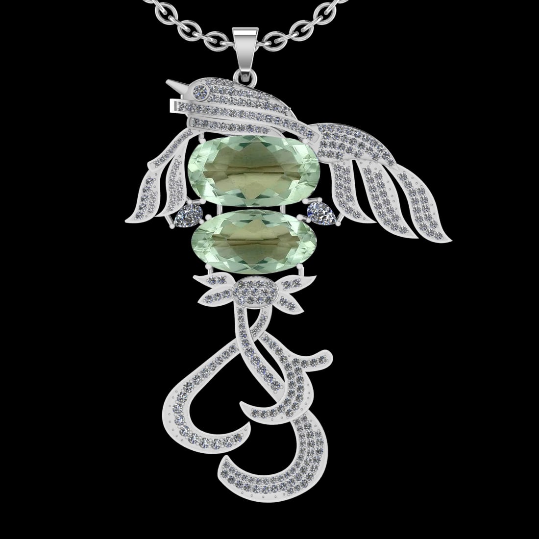35.56 Ctw VS/SI1 Green Amethyst And Diamond 14k White Gold Pendant Neklace(: Center Stone Weight : 31.03 Ctw ( Oval Cut ) Center Stone Color : Green Amethyst Stone Setting : Prong Side Diamond Weight Of Ctw 4.53 Ctw Side Stone Color : J-K Stone Clarity : VS/SI1 Stone Setting