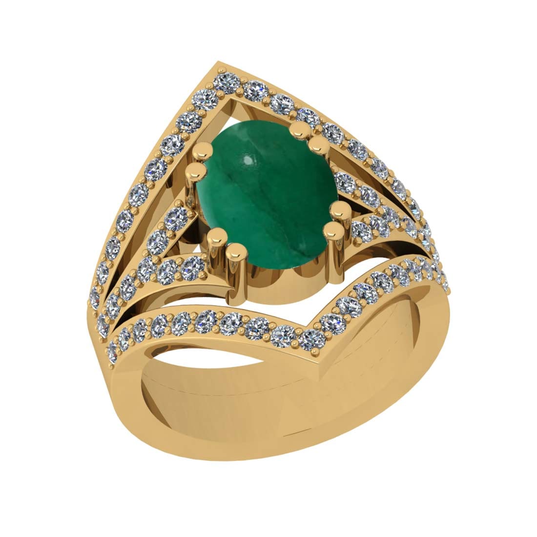 4.04 Ctw VS/SI1 Emerald and Diamond Prong Set 14k Yellow Gold Engagement Ri: Center Stone Weight :-3.07 Ctw ( Oval Cab ) Center Stone Color :-Emerald Center Stone Setting : Prong Side Diamond Weight Of Ctw :- 0.97 Ctw Color : J-K Clarity : VS/SI1 Daimond Setting : Prong Metal 