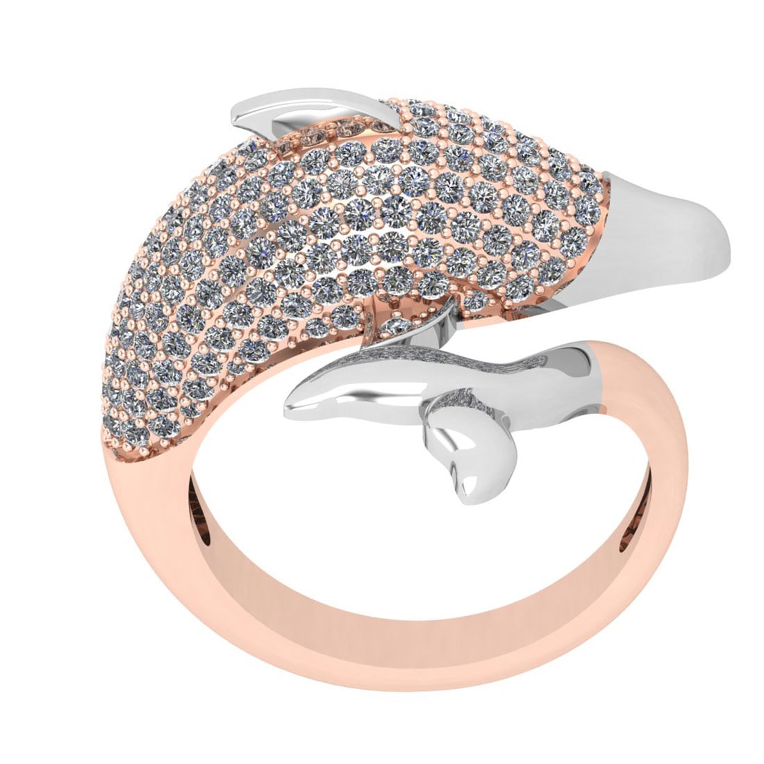 1.76 Ctw SI2/SI1 Diamond Style Prong Set 18K Rose & White Gold two tone Dol: Total Diamond Weight : 1.76 Ctw Center Stone Color :- G-H Center Stone Clarity : SI2/SI1 Stone Setting : Prong Metal Weight : Approx 6.90 Gram 18K Rose & White Gold two tone Dolphin Ring Current Ring 