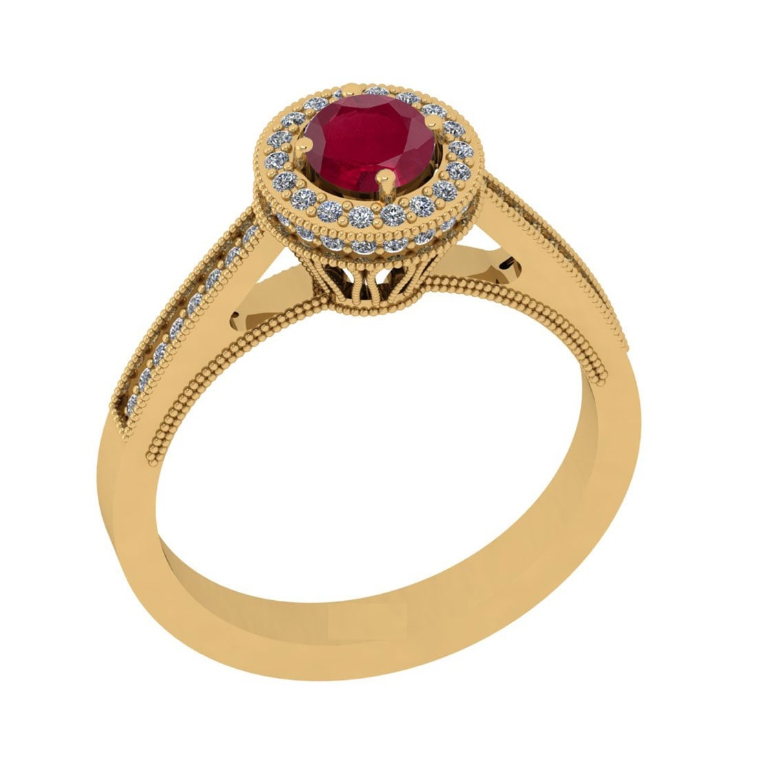 0.82 Ctw VS/SI1 Ruby And Diamond 14K Yellow Gold Engagement Halo Ring: Center Stone Weight : 0.50 Ctw (Round Cut) Center Stone Color : Ruby Stone Setting : Prong Side Stone Weight Of Ctw 0.32 Ctw Side Stone Color : J-K Stone Clarity : VS/SI1 Stone Setting : Prong Metal W