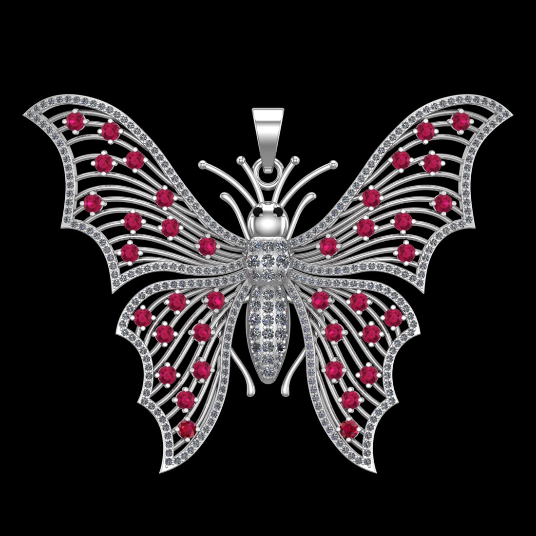 4.54 Ctw VS/SI1 Ruby and Diamond 10k white Gold Butterfly Pendant (ALL DIAM: Eye Stone Weight :- 0.02 ctw Eye Stone Color :- Treated Fancy Black Diamond Color Stone Weight :-2.69 Ctw Stone Color :-Ruby Side Diamond Weight Of Ctw 1.82 Ctw Color : J-K Clarity : VS/SI1 Daimond Se