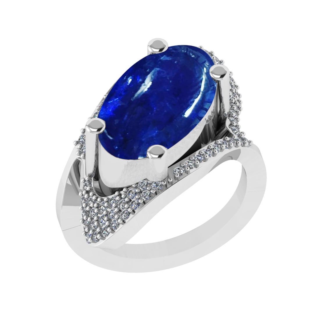 14.48 Ctw VS/SI1 Tanzanite and Diamond Prong Set 14K White Gold Engagement: Color Stone Weight : 13.96 Ctw (Oval Cab) Stone Color :- Tanzanite Center Stone Setting : Prong Side Weight Of Ctw 0.52 Ctw Color : J-K Clarity : VS/SI1 Stone Setting : Prong Metal Weight : Approx