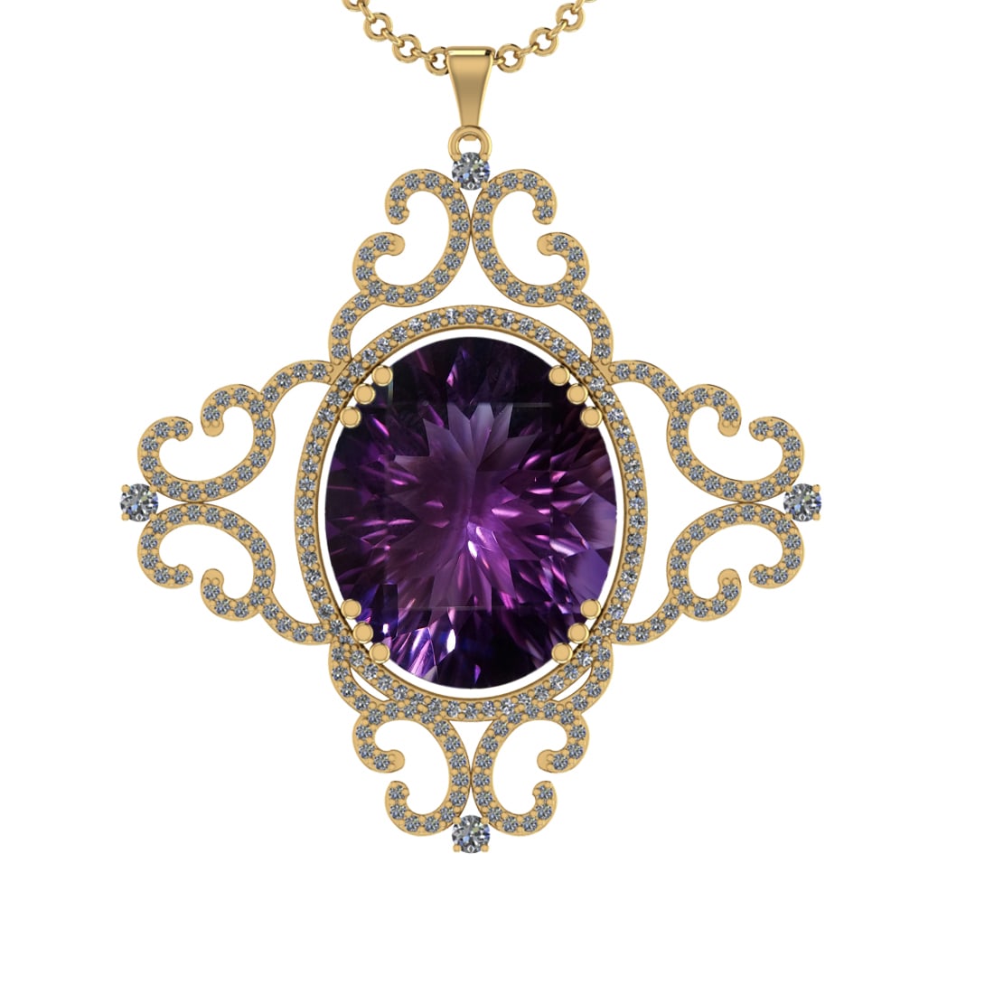 51.34 Ctw VS/SI1 Amethyst and Diamond 14K Yellow Gold Pendant (ALL DIAMOND: Color Stone Weight : 47.52 Ctw ( Oval Cut) Stone Color :- Amethyst Center Stone Setting : Prong Side Weight Of Ctw 3.82 Ctw Color : J-K Clarity : VS/SI1 Stone Setting : Prong Metal Weight : Approx