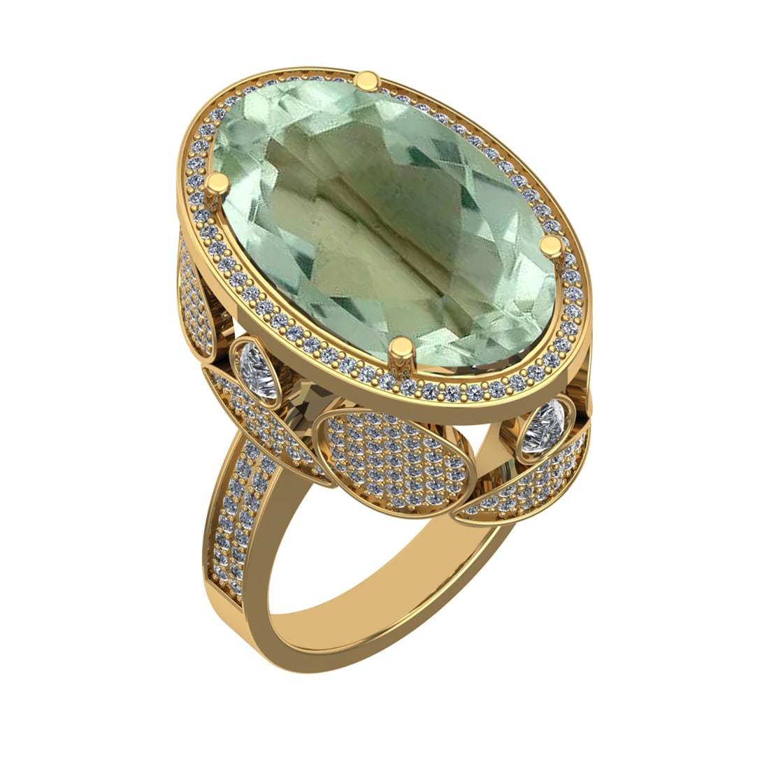 18.52 Ctw VS/SI1 Green Amethyst and Diamond 14K Yellow Gold Engagement Ring: Color Stone Weight : 15.98 Ctw ( Oval Cut) Stone Color :- Green Amethyst Center Stone Setting : Prong Side Weight Of Ctw 2.54 Ctw Color : J-K Clarity : VS/SI1 Stone Setting : Prong Metal Weight : Appr
